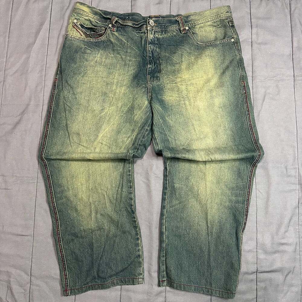 Pelle Pelle Men's Baggy Wide Leg Denim Jeans, Vintage Wash with Wing Embroidery